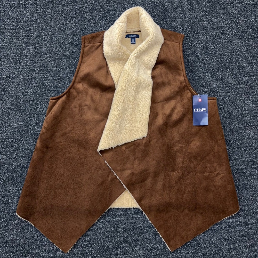 Chaps Faux Suede Shearling Lined‎ Vest Womens L Brown NWT Open Front Drape Boho